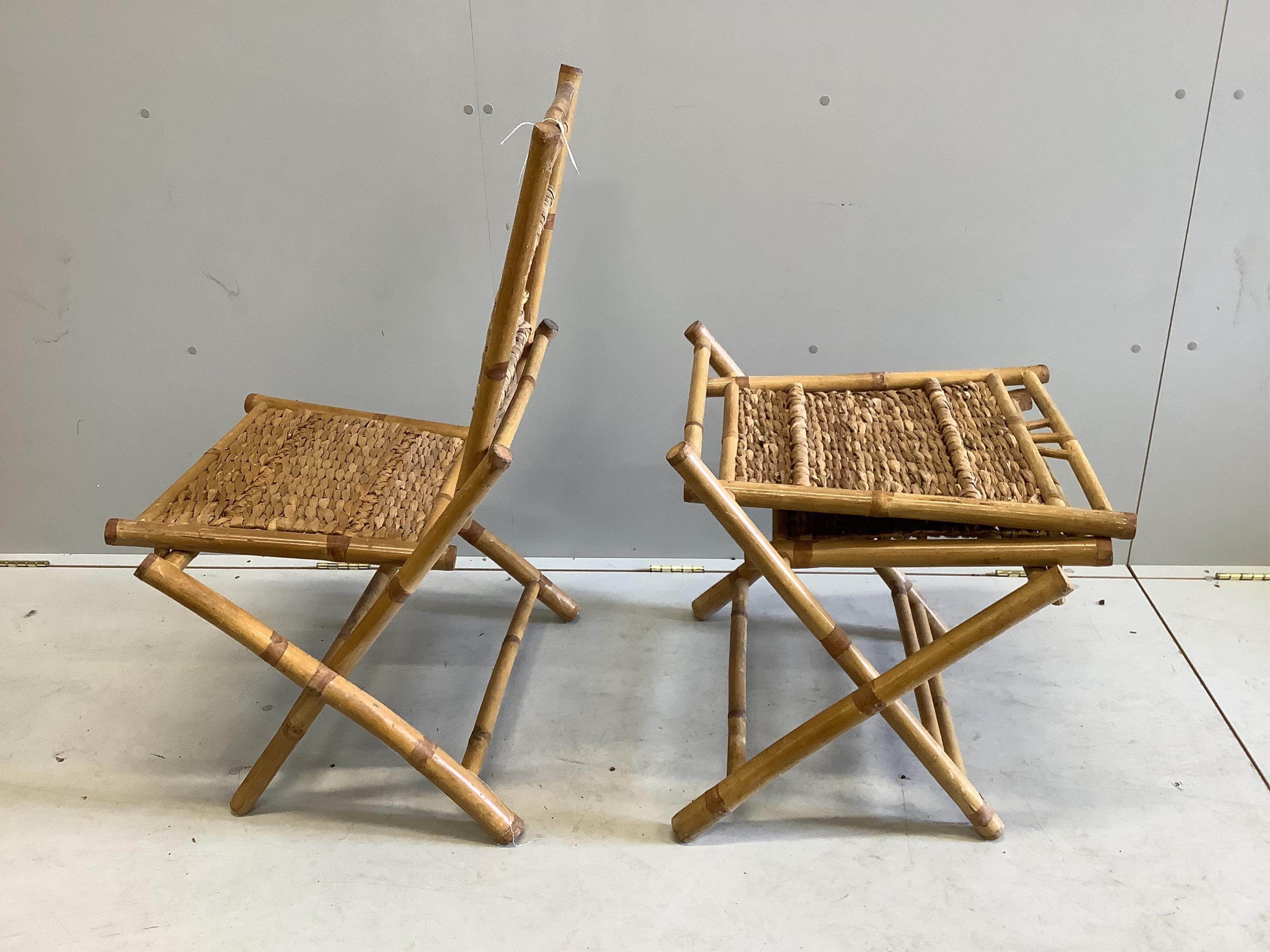 A pair of bamboo and woven seagrass folding chairs, width 59cm, depth 54cm, height 98cm